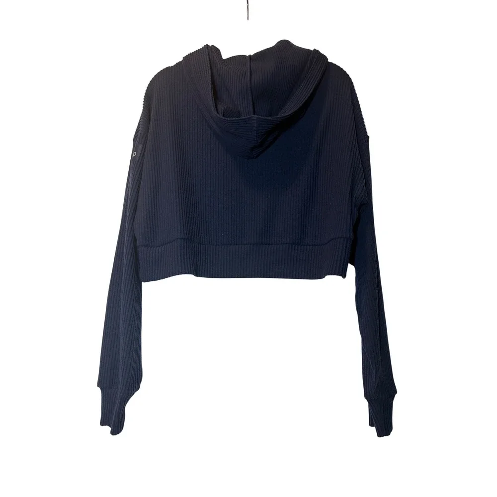 Alo Yoga Muse Hoodie Navy Blue Ribbed Cropped Pullover Sweatshirt Womens S
